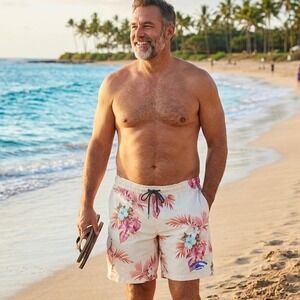 Tommy Bahama Relax Mens XL Swim Trunks Tropical Floral Cargo Board Shorts Cream